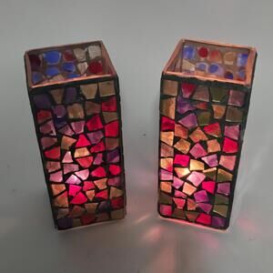 7" Mosaic Glass Candle Holders Pair Stained Red Purple Gold Decorative Votive